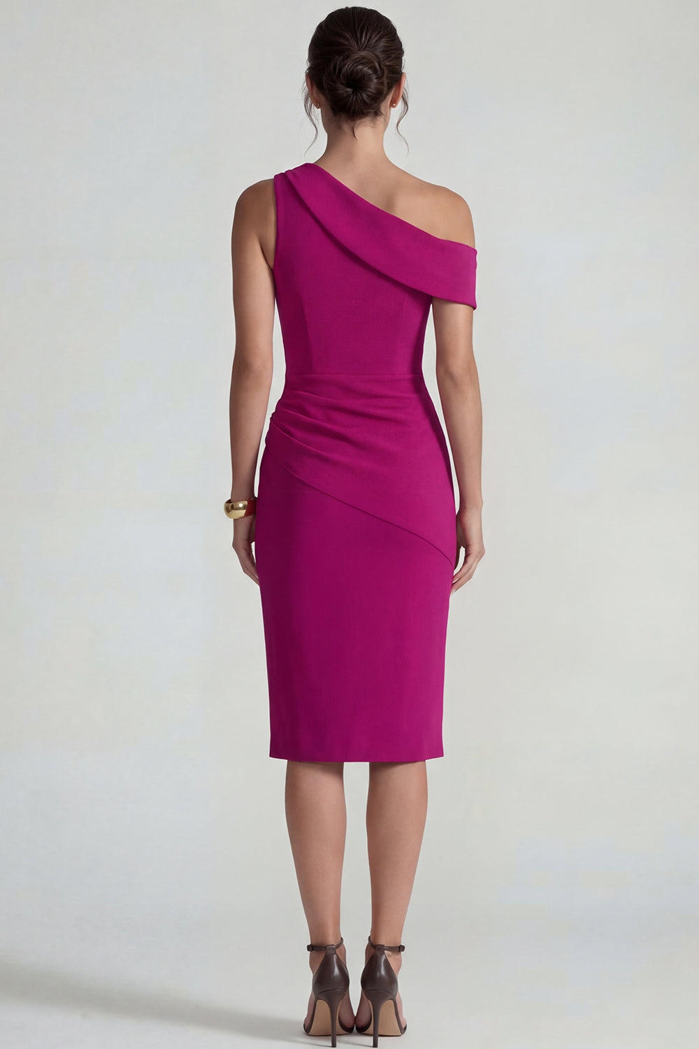 Fuchsia Bodycon One Shoulder Midi Wedding Guest Dress
