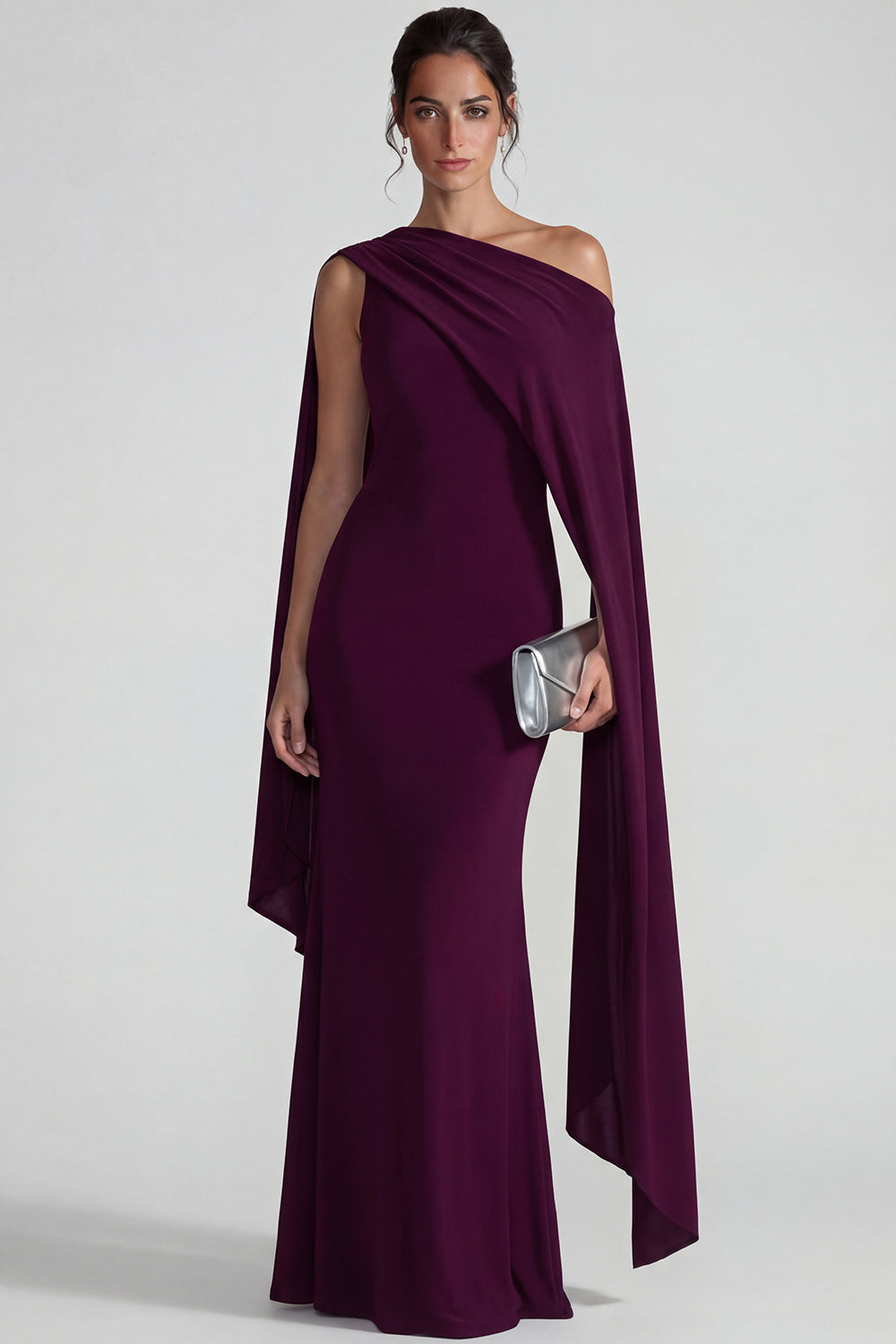 Burgundy Mermaid One Shoulder Long Wedding Guest Dress with Cape