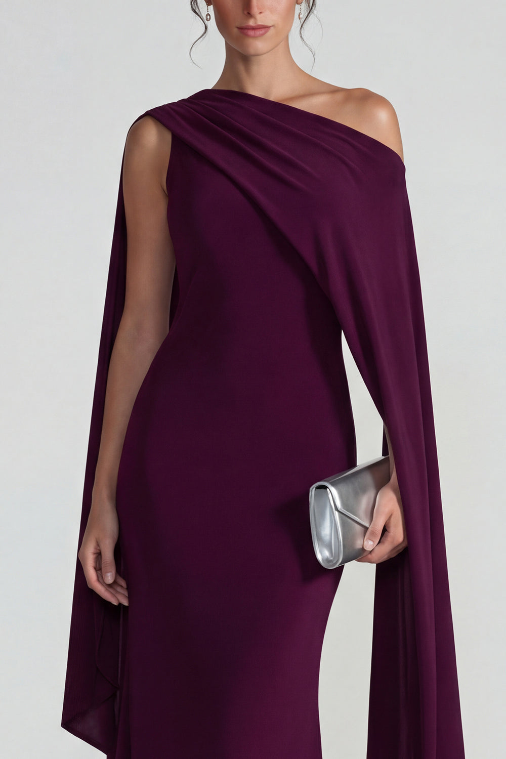 Burgundy Mermaid One Shoulder Long Wedding Guest Dress with Cape