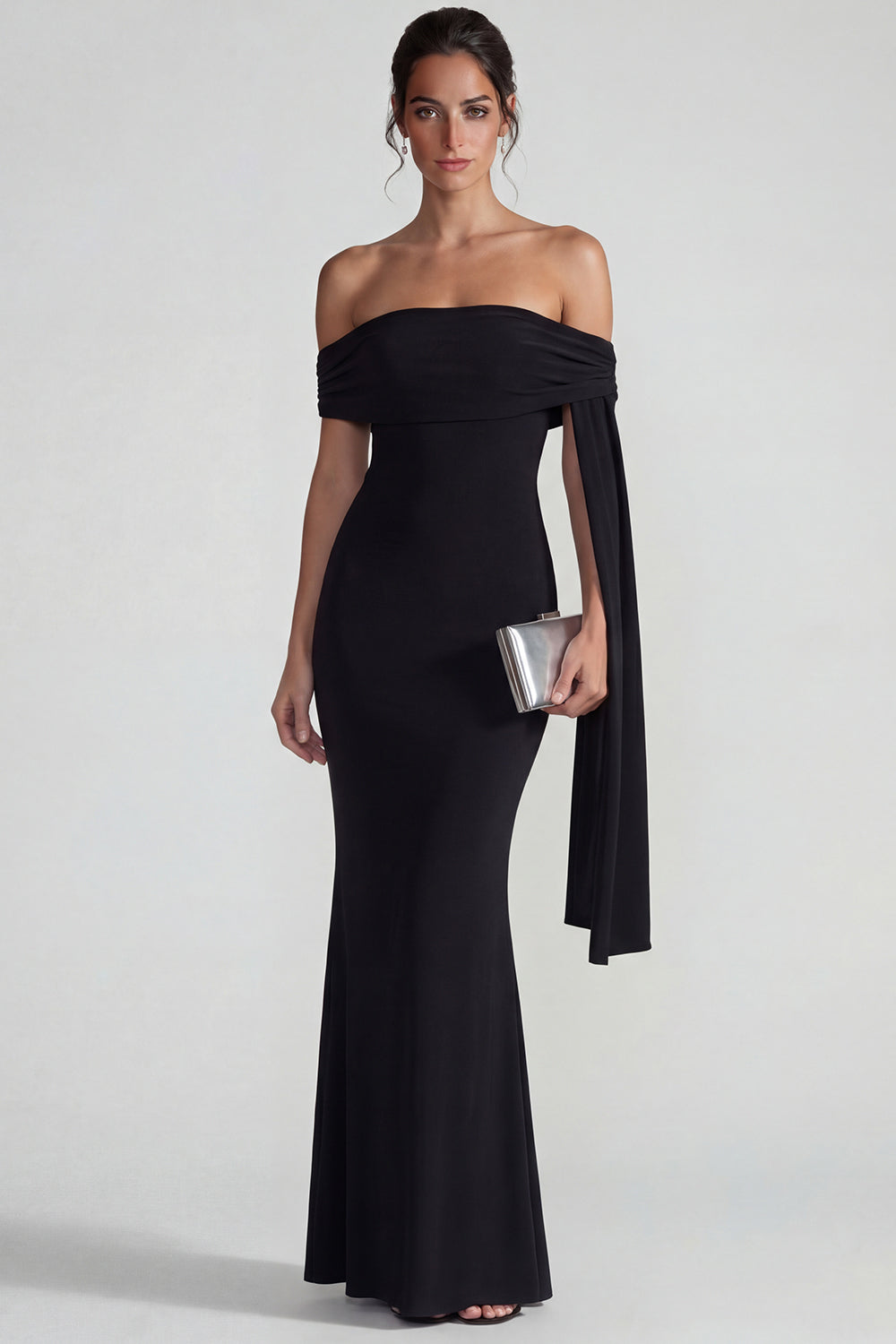 Black Off the Shoulder Mermaid Long Wedding Guest Dress with Streamer