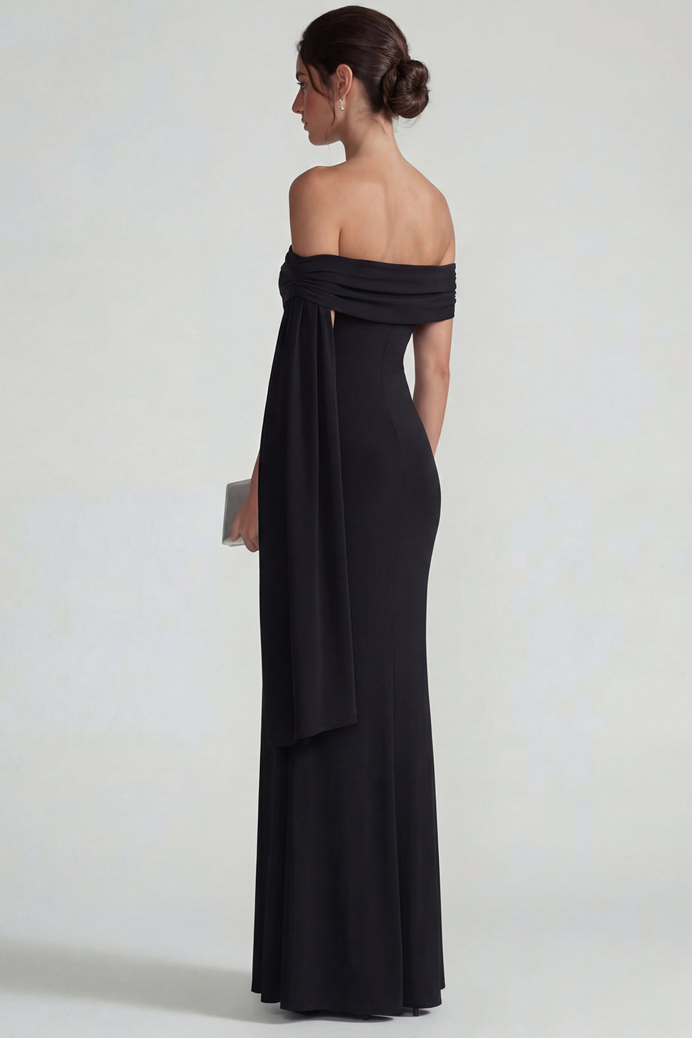 Black Off the Shoulder Mermaid Long Wedding Guest Dress with Streamer