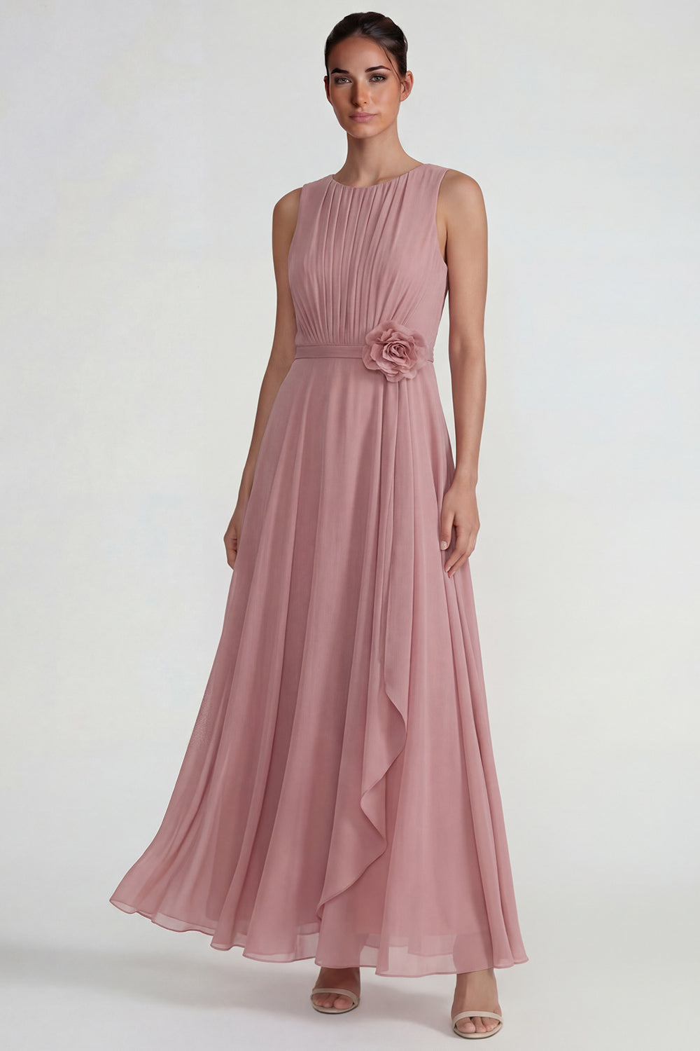 Blush Chiffon A Line Ruffled Long Wedding Guest Dress with 3D Flower
