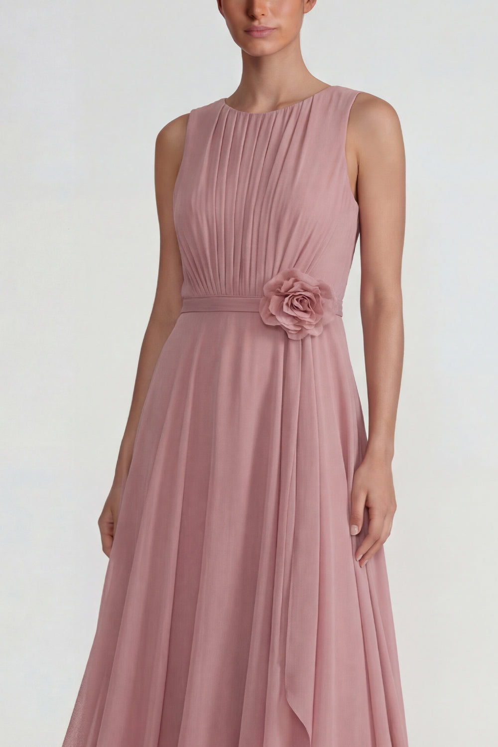 Blush Chiffon A Line Ruffled Long Wedding Guest Dress with 3D Flower