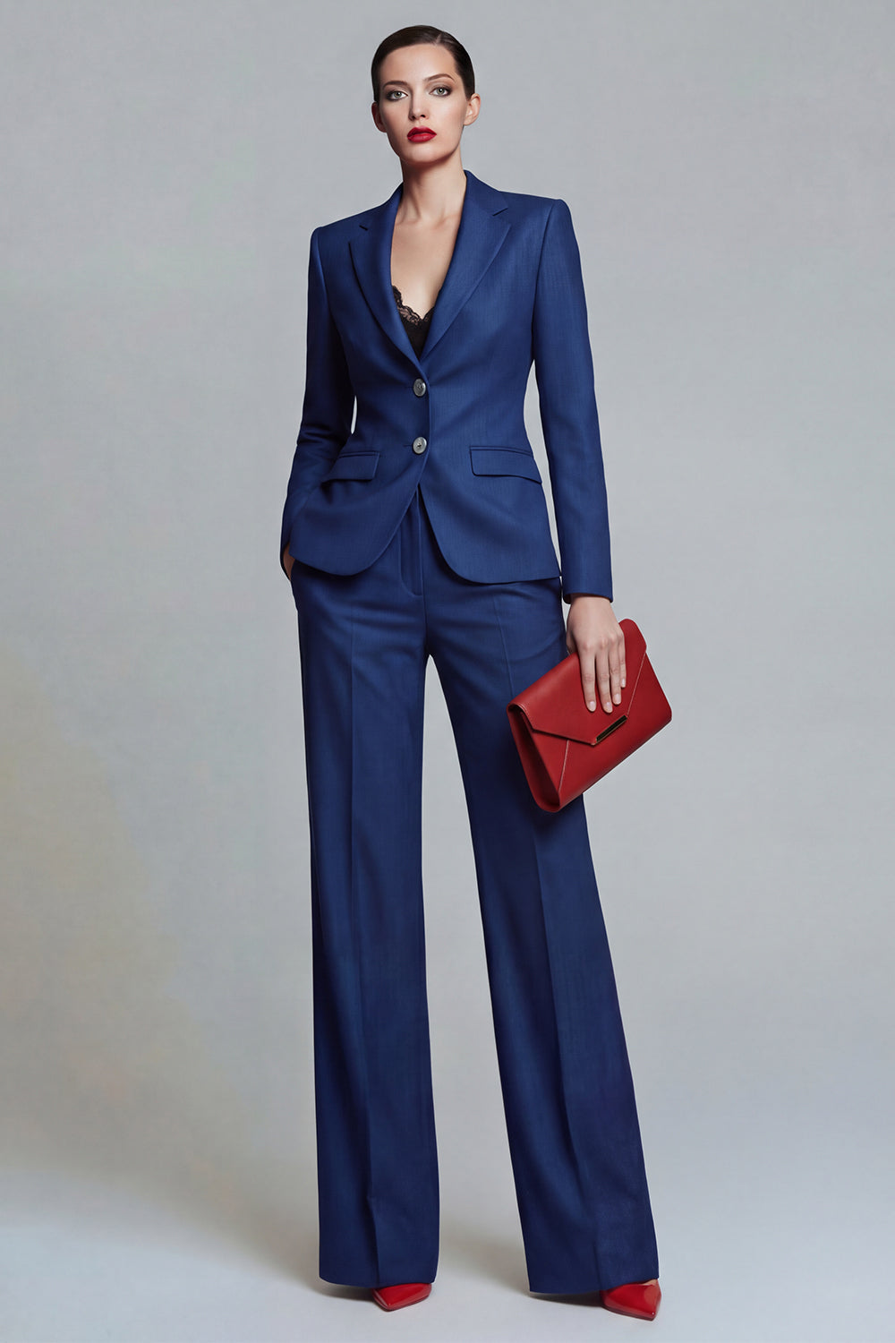 2 Piece Dark Blue Notched Lapel Wide Leg Single Breasted Business Suits