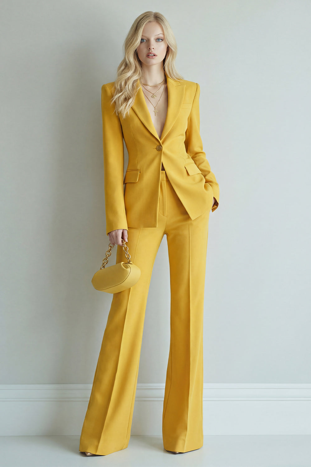 Yellow 2 Piece Single Breasted Peak Lapel Wide Leg Prom Suits