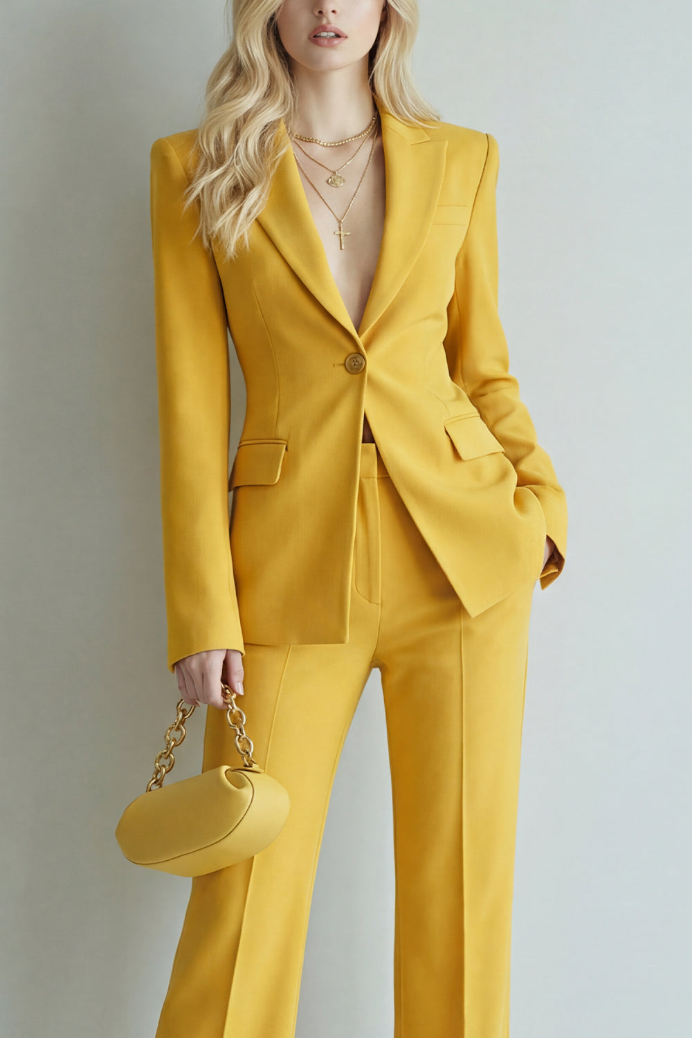 Yellow 2 Piece Single Breasted Peak Lapel Wide Leg Prom Suits