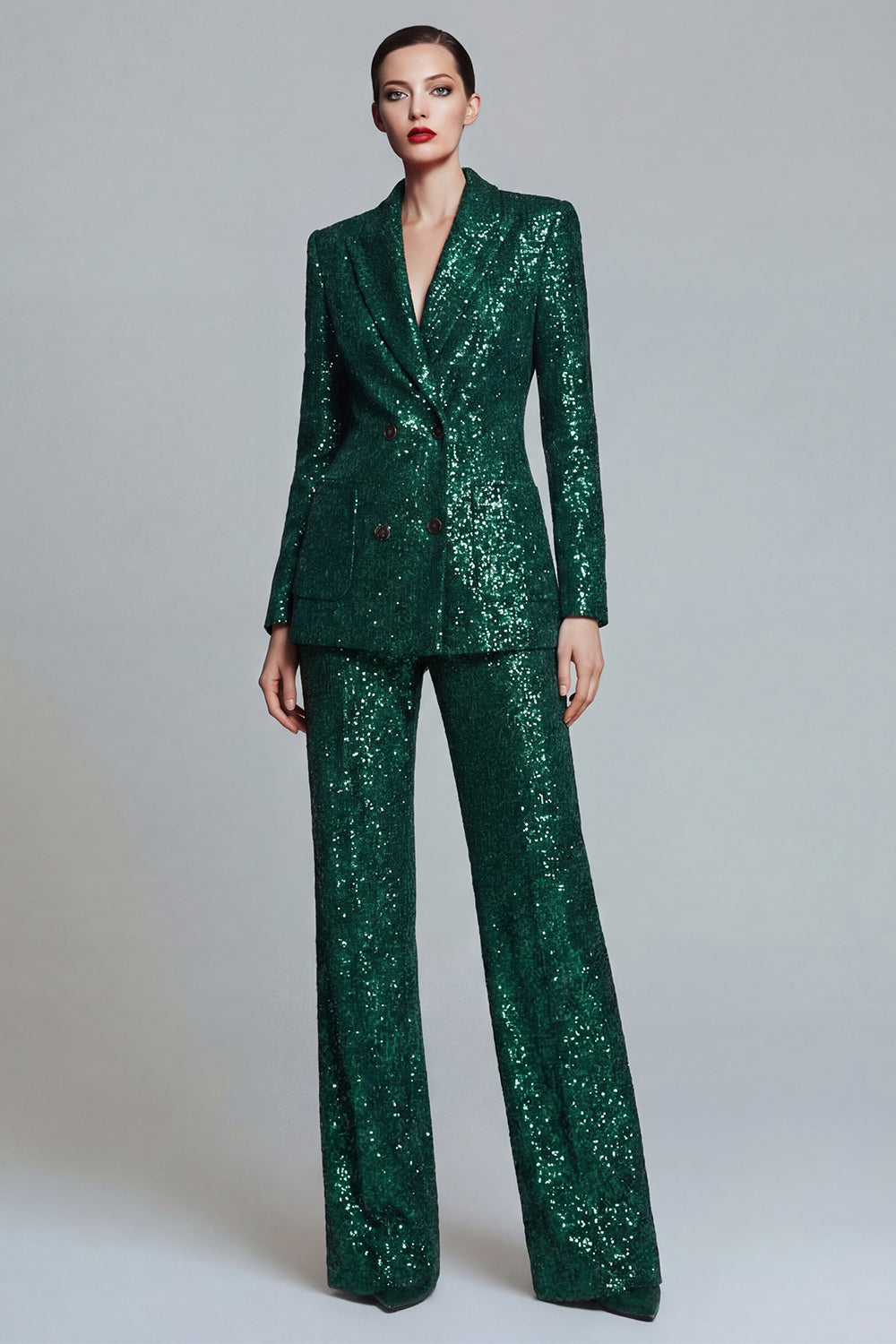 Sparkly Sequin Dark Green Peak Lapel 2 Piece Prom Suits