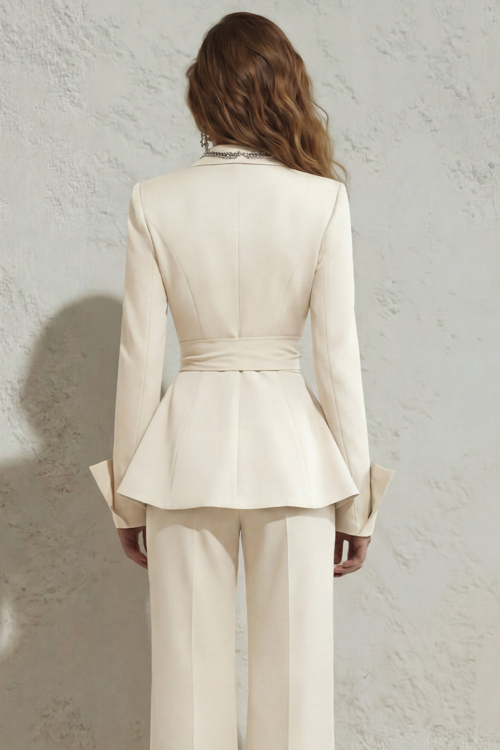 Ivory 2 Piece Wide Leg Peak Lapel Long Business Suits with Sash