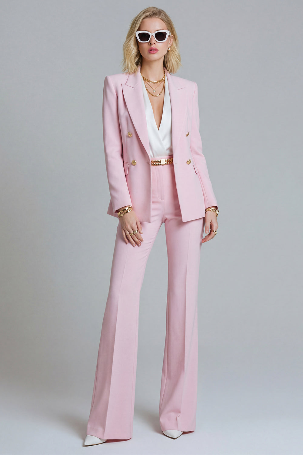 2 Piece Pink Wide Leg Peak Lapel Prom Suits with Buttons