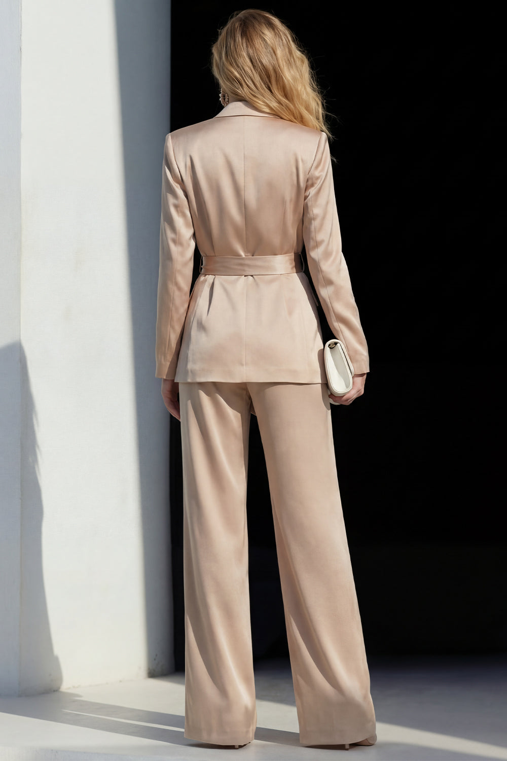 2 Piece Champagne Satin Peak Lapel Wide Leg Business Suits with Sash