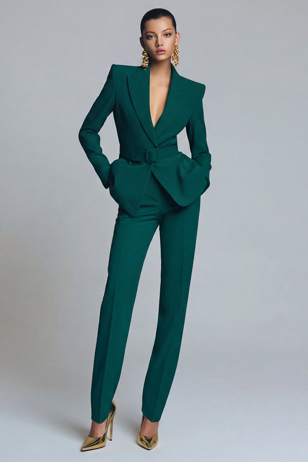 2 Piece Dark Green Peak Lapel Slim Fit Prom Suits with Belt