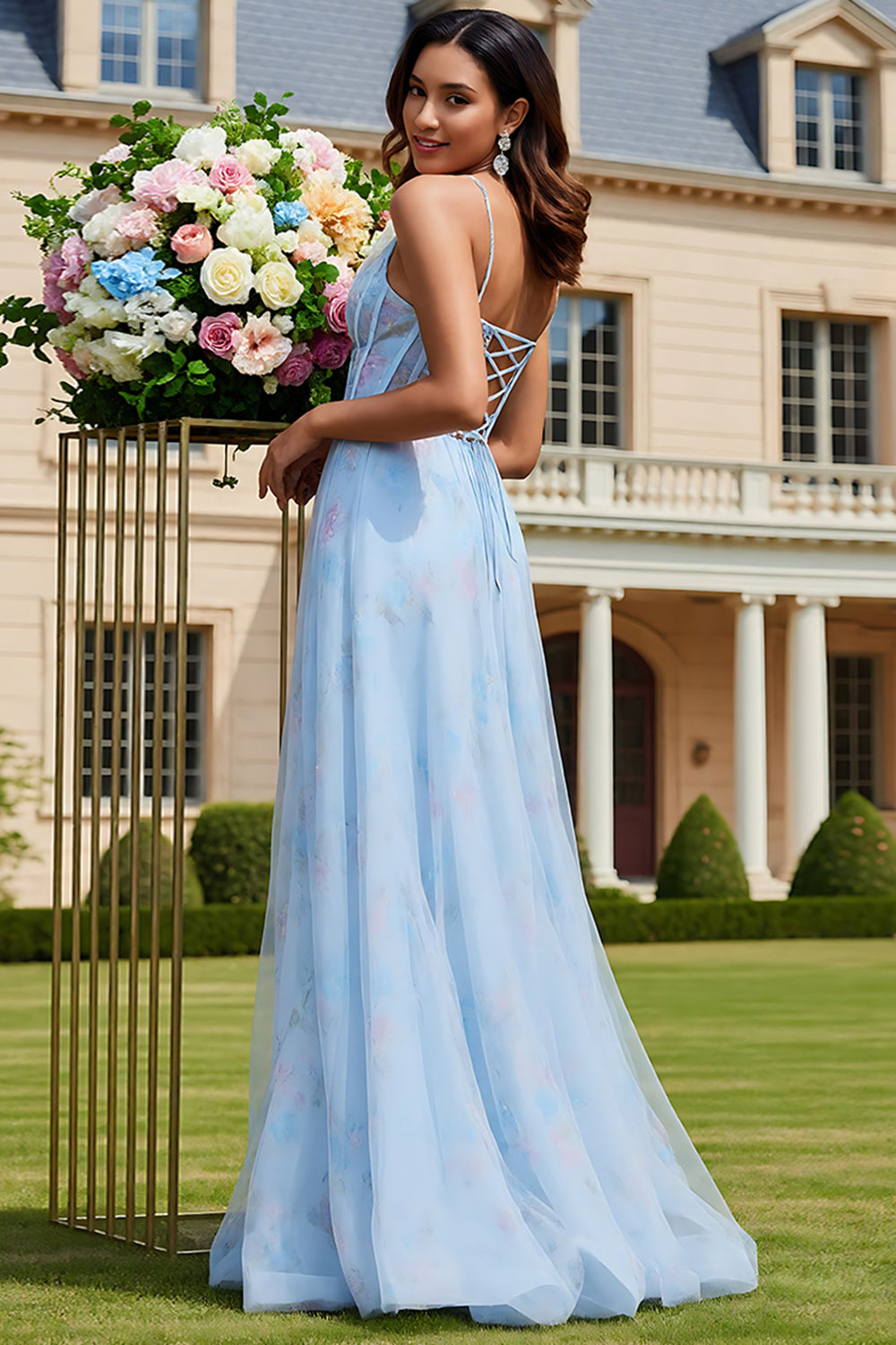 Floral Light Blue A-Line Corse Long Tulle Prom Dress with Slit