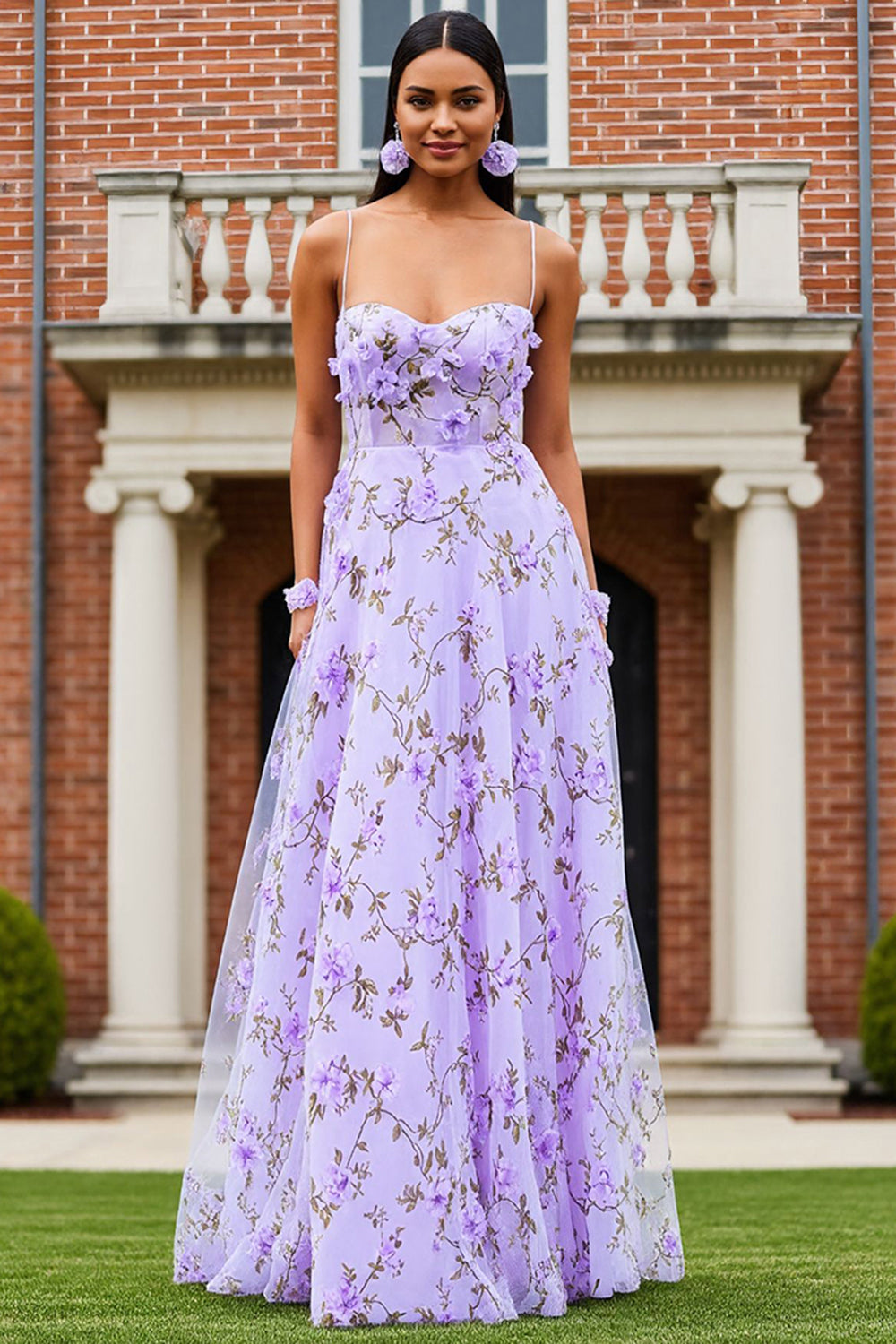 Lilac Spaghetti Straps Floral Long Prom Dress with 3D Flowers