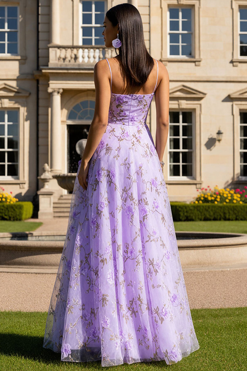 Lilac Spaghetti Straps Floral Long Prom Dress with 3D Flowers