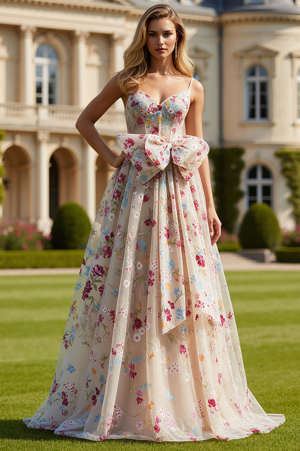 Ivory Floral Spaghetti Corset Straps Long Prom Dress with Bow