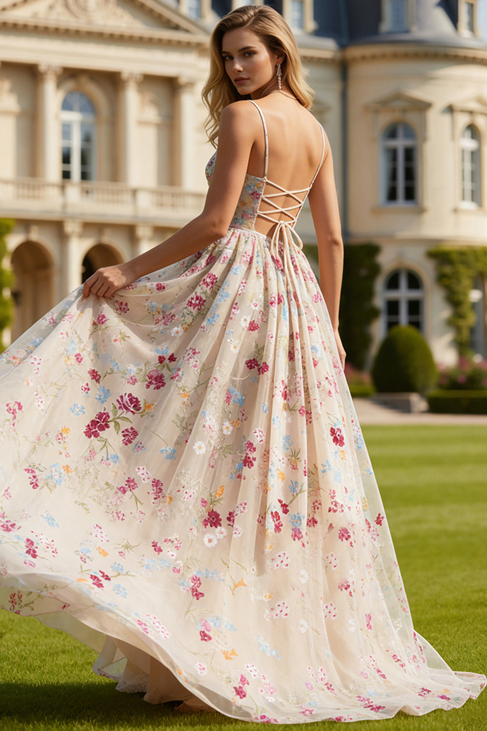Ivory Floral Spaghetti Corset Straps Long Prom Dress with Bow