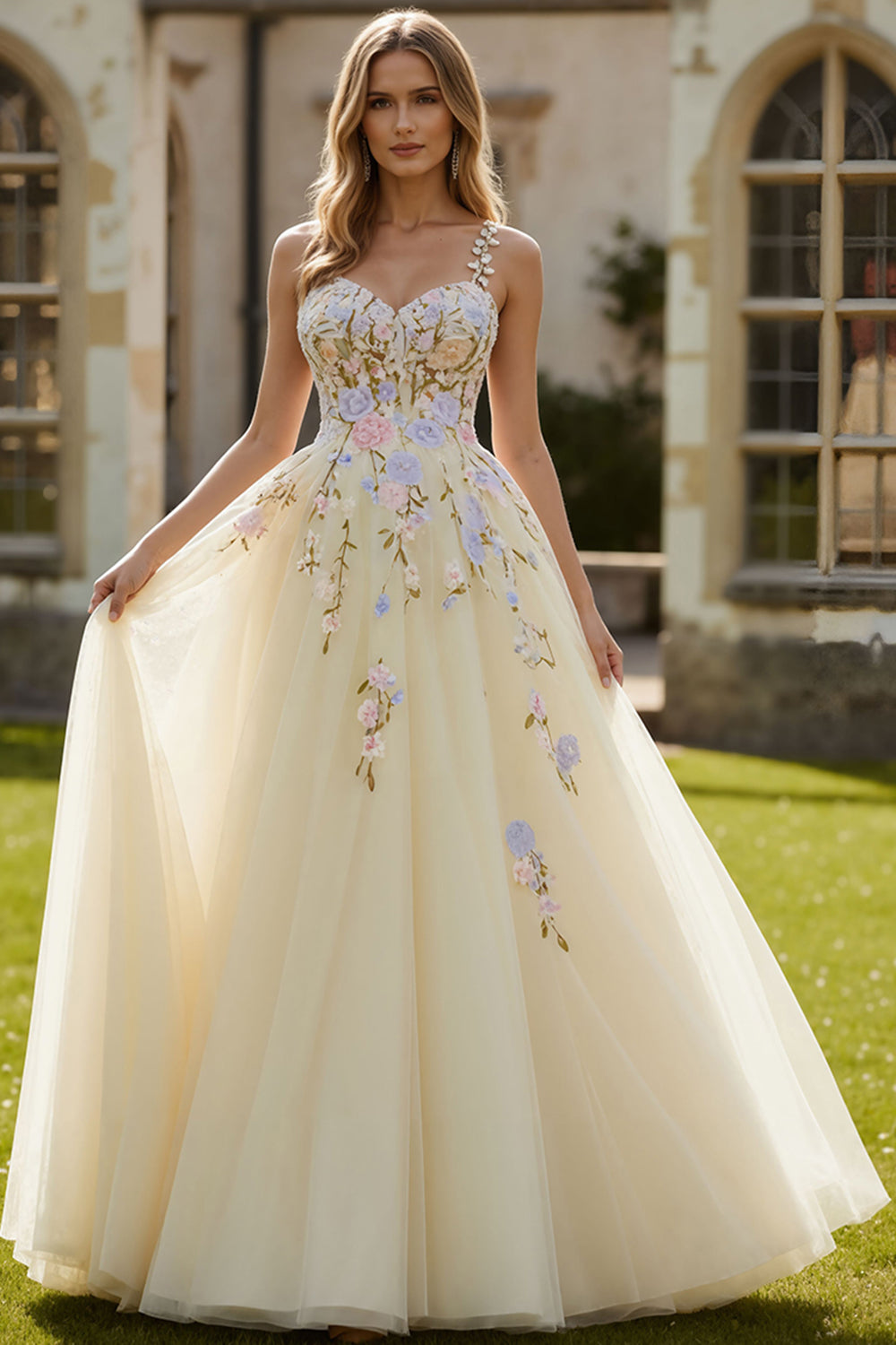 Daffodil Floral A Line Spaghetti Straps Long Corset Prom Dress
