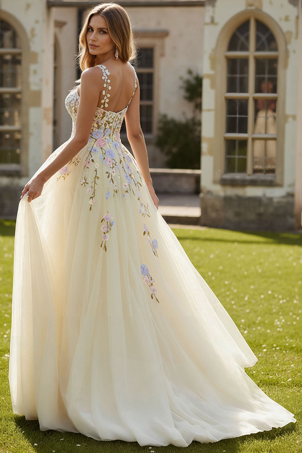 Daffodil Floral A Line Spaghetti Straps Long Corset Prom Dress