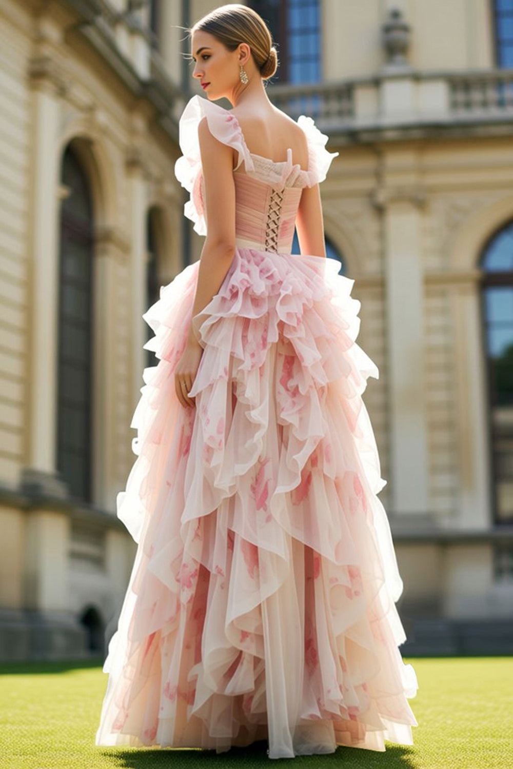 Blush Floral Ruffled Square Neck A Line Long Prom Dress with Keyhole