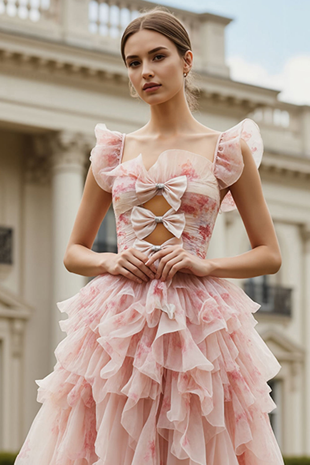Blush Floral Ruffled Square Neck A Line Long Prom Dress with Keyhole