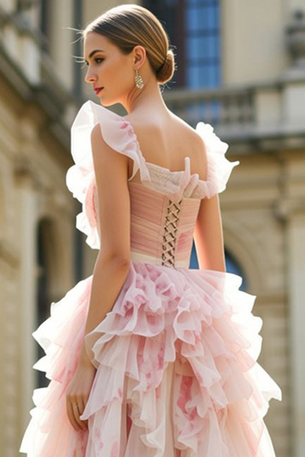 Blush Floral Ruffled Square Neck A Line Long Prom Dress with Keyhole