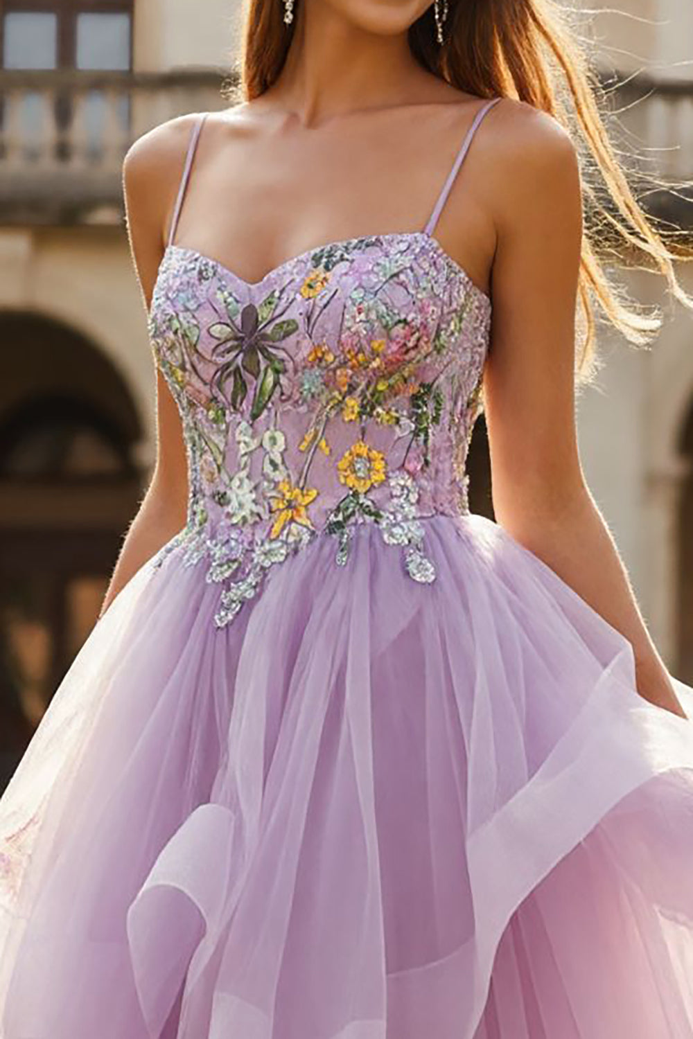 Lilac Floral Spaghetti Straps Tulle Long Prom Dress with Ruffles