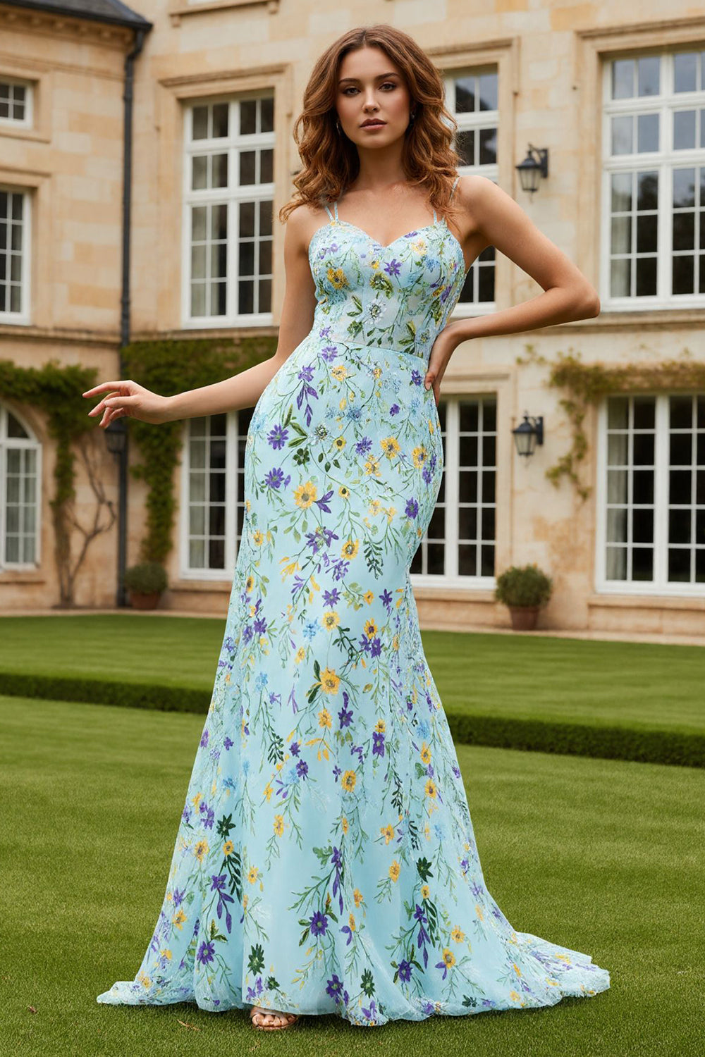 Green Floral Mermaid Spaghetti Straps Long Prom Dress