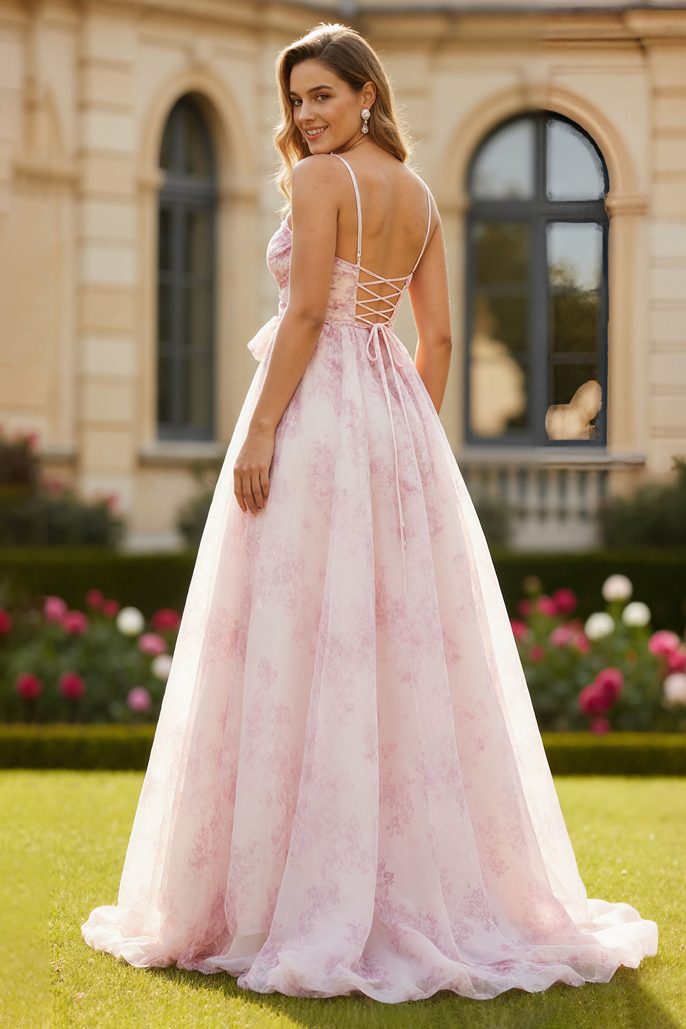 Floral Blush A Line Spaghetti Straps Long Prom Dress with Bow