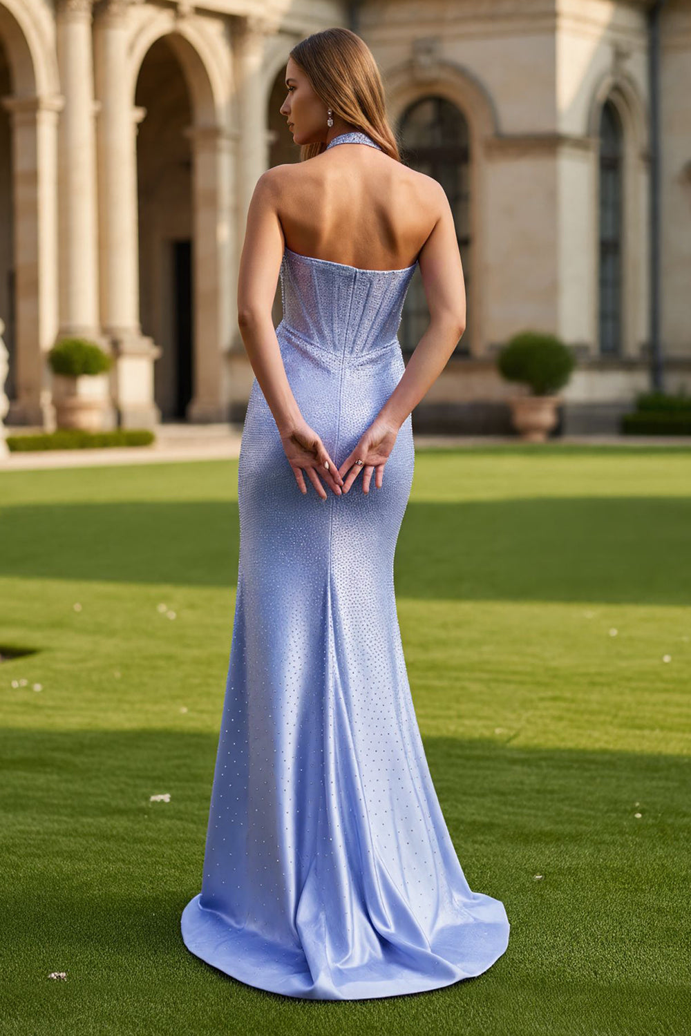 Sparkly Light Blue Mermaid Halter Neck Corset Long Prom Dress with Slit