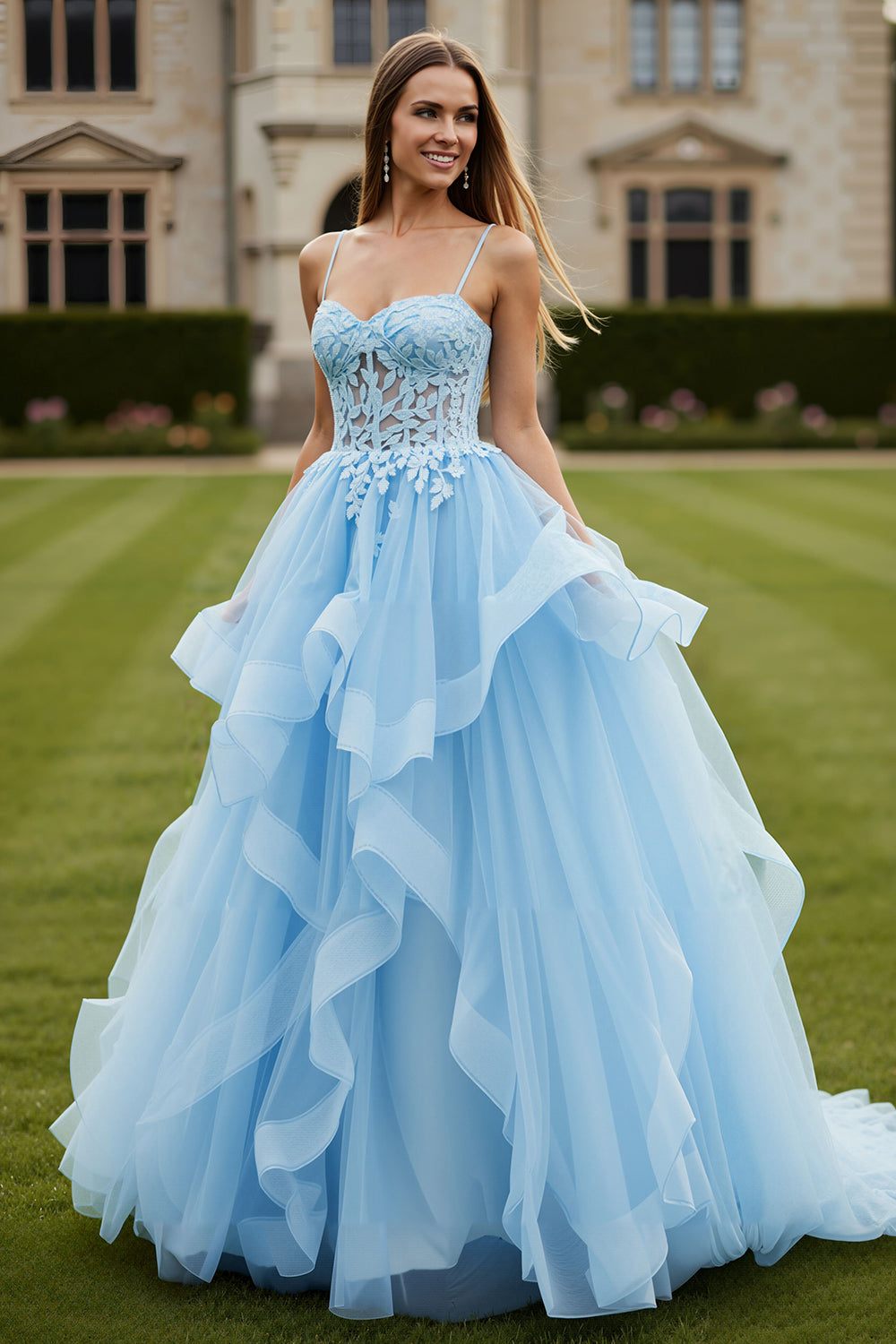 Sky Blue Tulle Appliqued Spaghetti Straps Corset Long Prom Dress with Ruffles