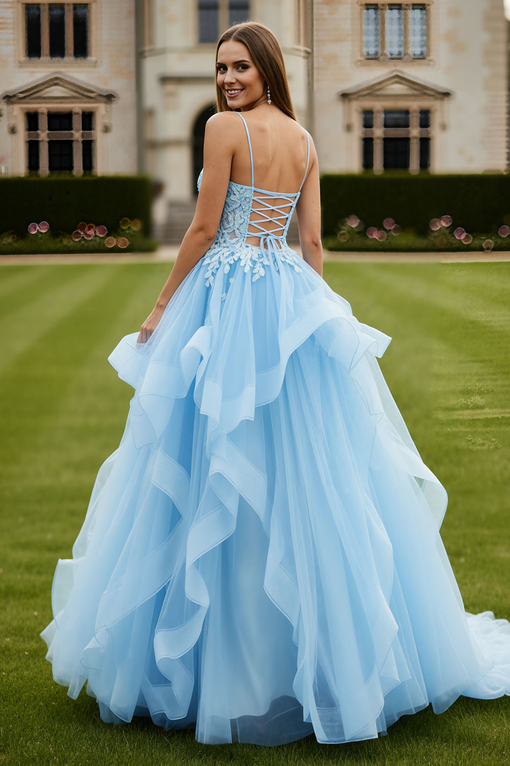 Sky Blue Tulle Appliqued Spaghetti Straps Corset Long Prom Dress with Ruffles