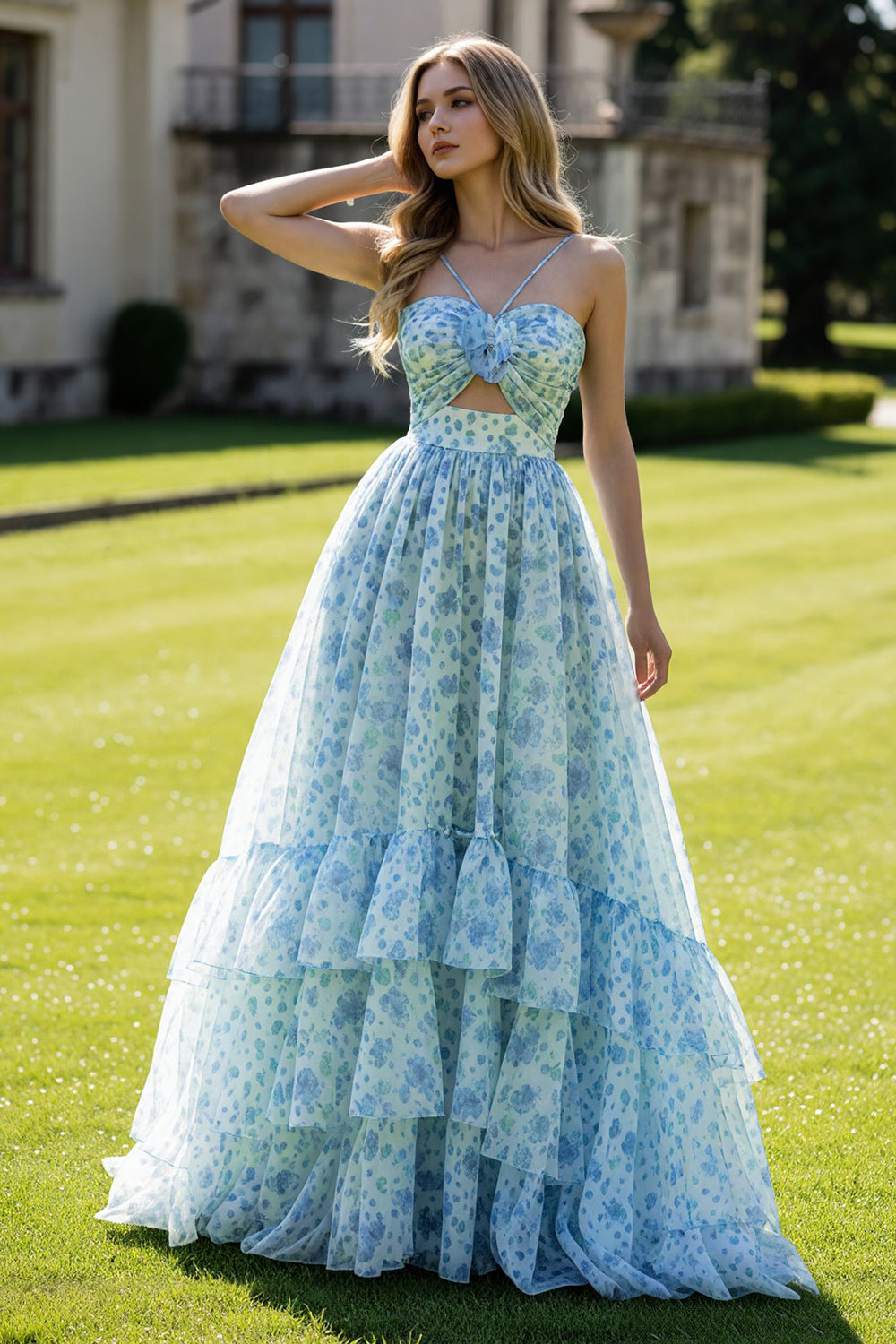 Pink Floral Spaghetti Straps Ruffled Long Prom Dress with Keyhole