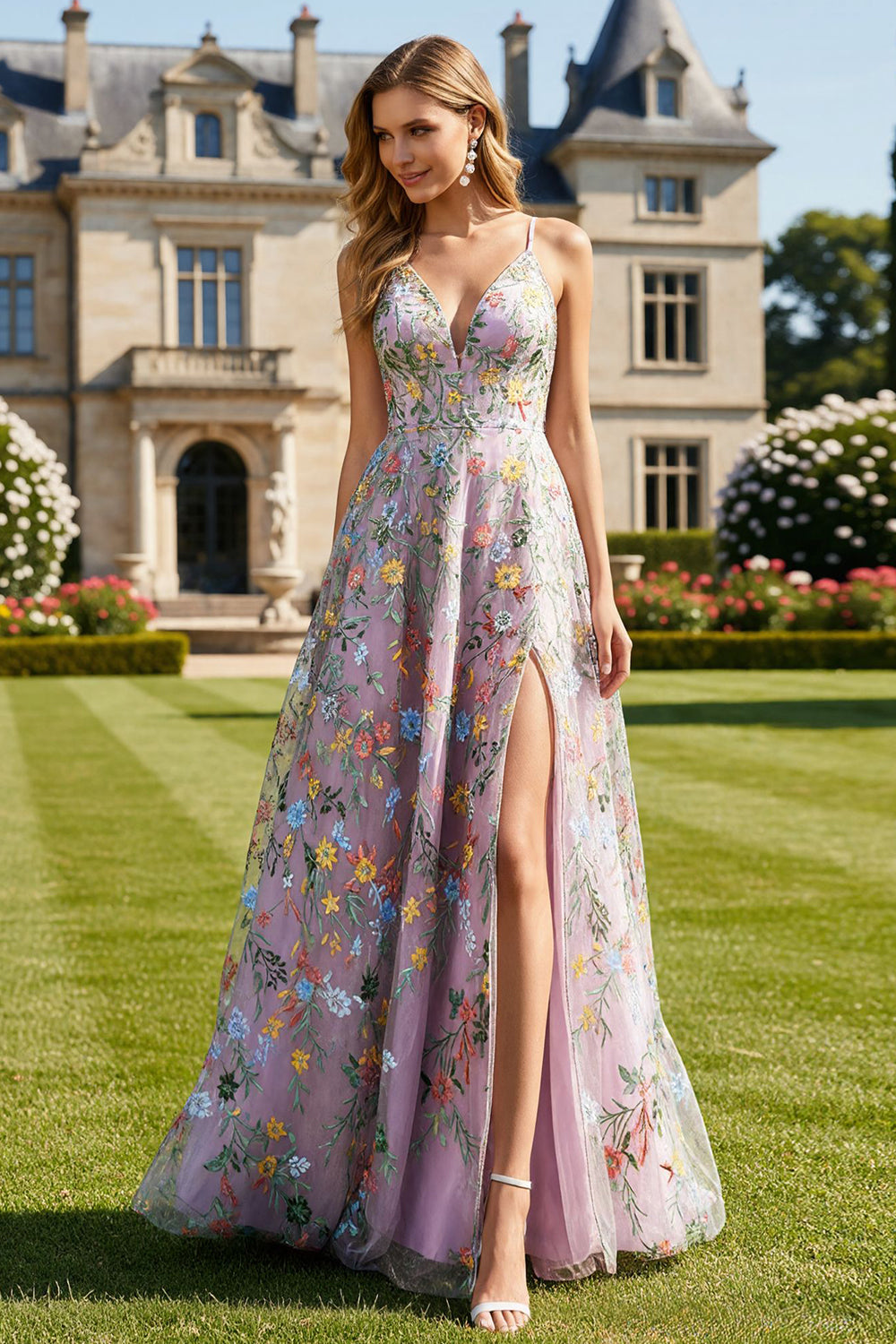 Floral Lilac Appliqued Spaghetti Straps Long Prom Dress with Slit
