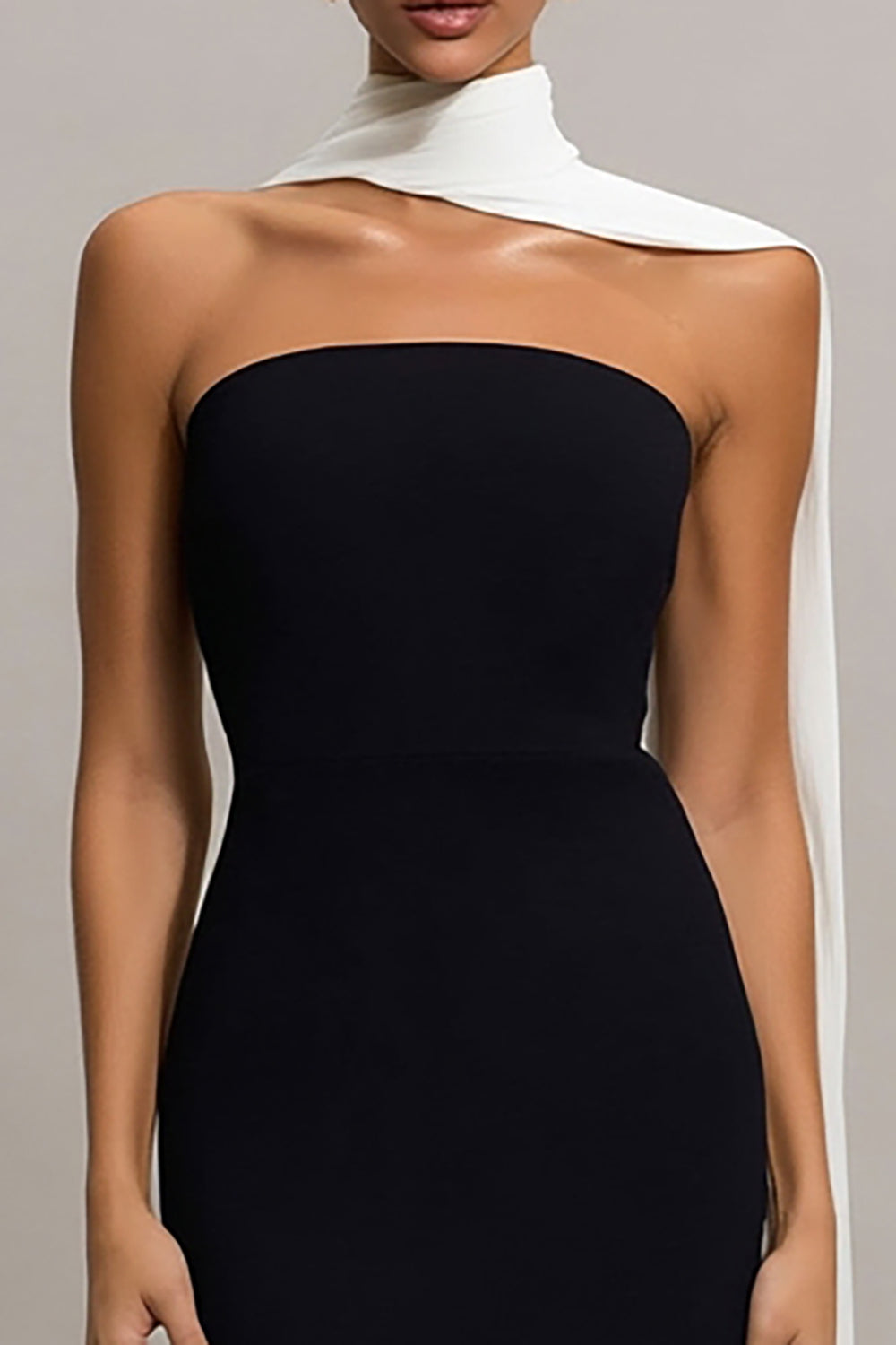 Black and White Neck Scarf Long Mermaid Evening Dress