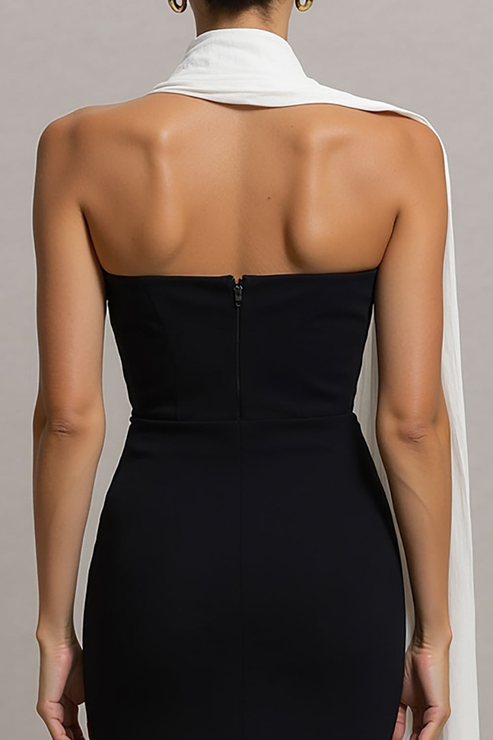 Black and White Neck Scarf Long Mermaid Evening Dress