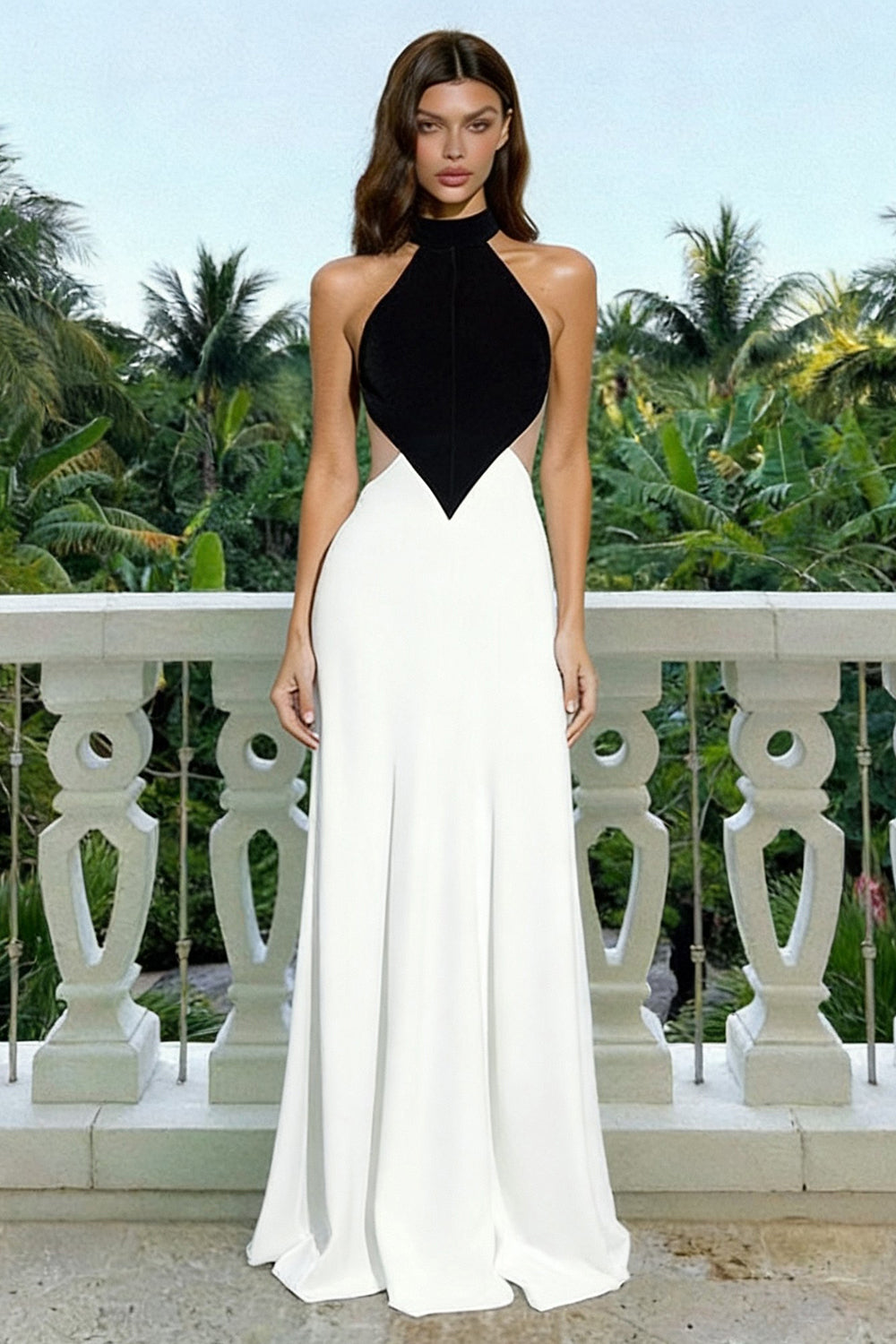 Black and White Cut Out High Neck Long Backless Evening Dress