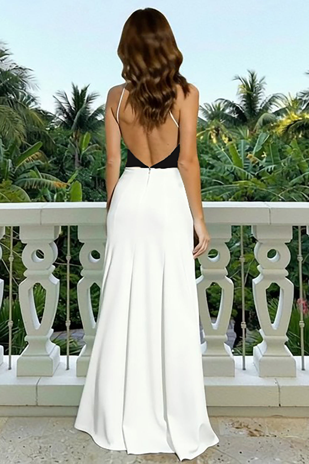 Black and White Cut Out High Neck Long Backless Evening Dress