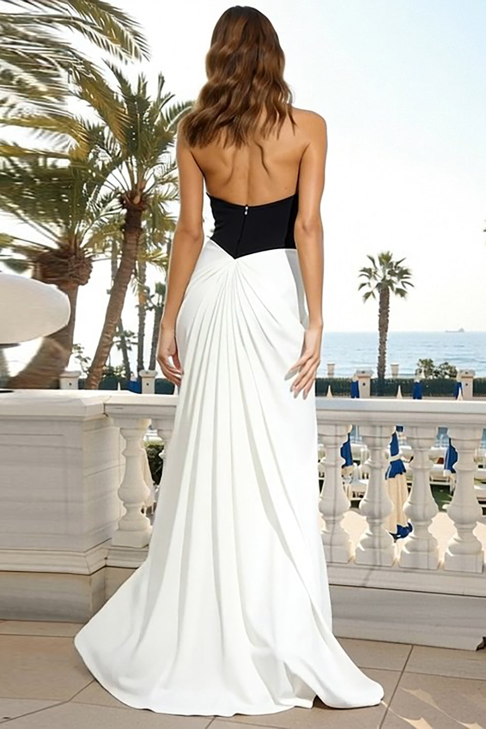 Black and White Backless Halter Neck Long Evening Dress with Keyhole
