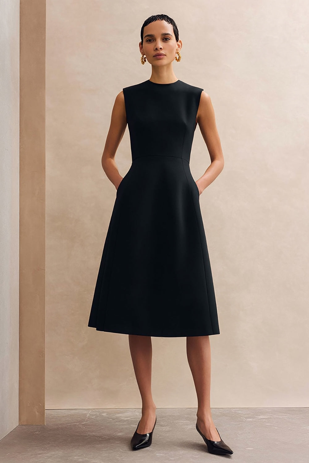 Black Crew Neck A Line Midi Work Dress