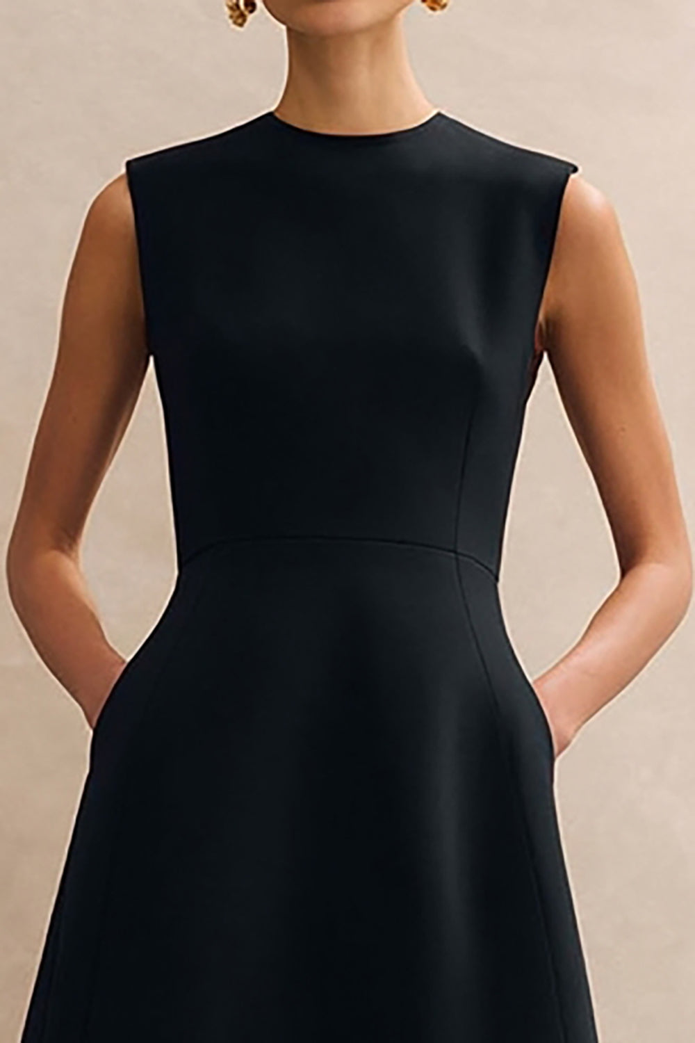 Black Crew Neck A Line Midi Work Dress
