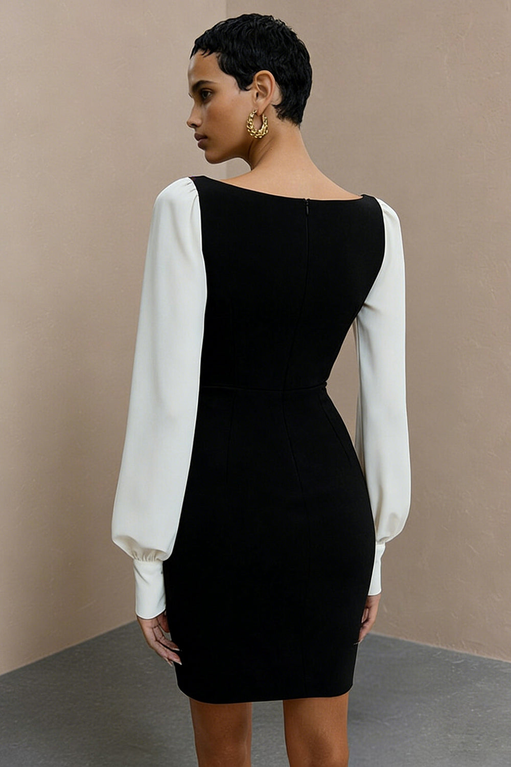 Black and White Bateau Neck Short Pencil Work Dress with Sleeves