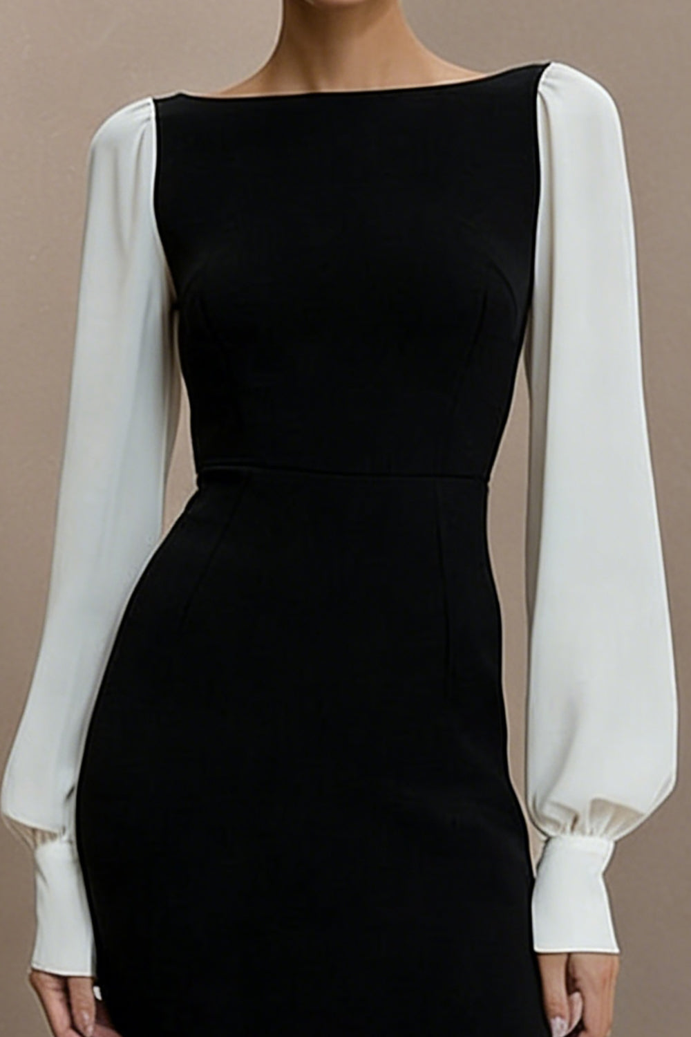 Black and White Bateau Neck Short Pencil Work Dress with Sleeves