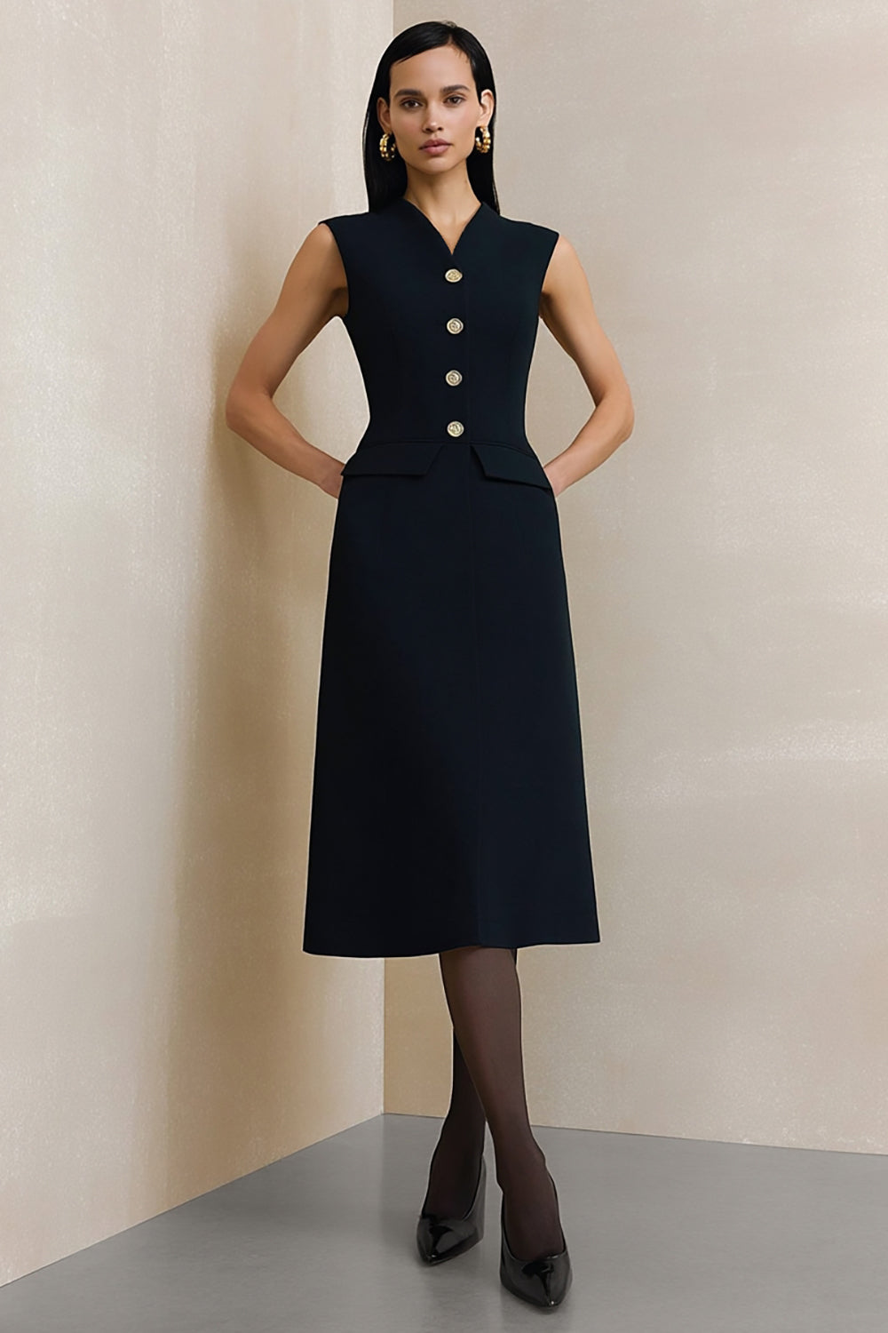 Black A Line V-Neck Midi Work Dress with Buttons