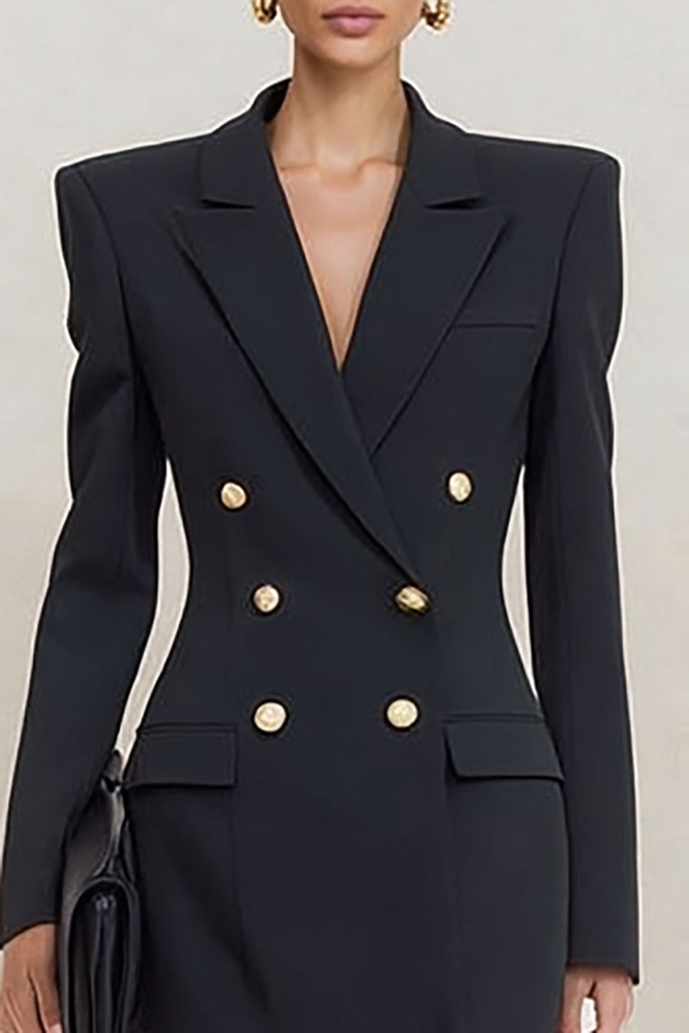 Black Peak Lapel Short Double Breasted Blazer Dress with Sleeves