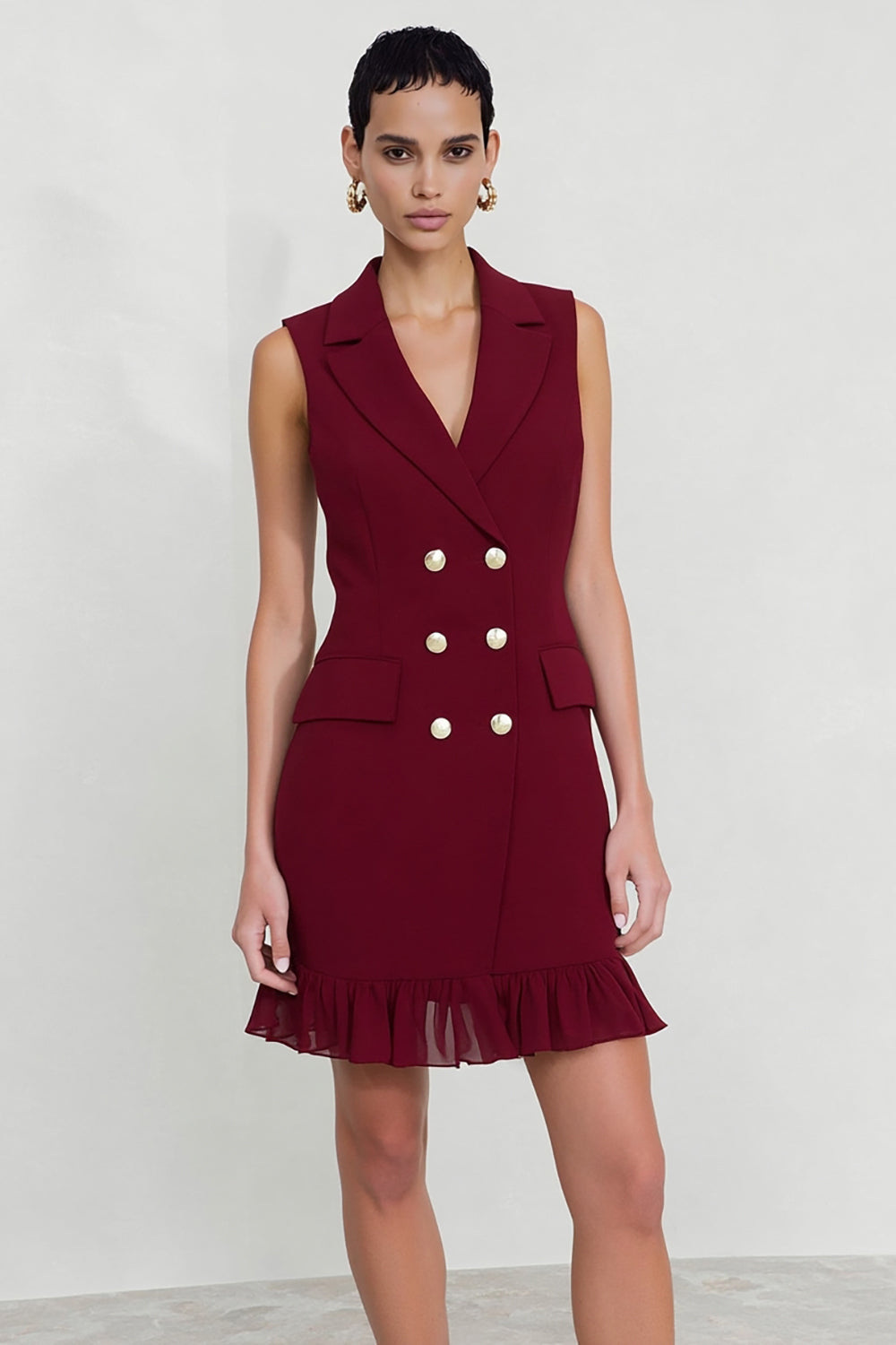 Burgundy Double Breasted Short Notched Lapel Blazer Dress with Ruffles