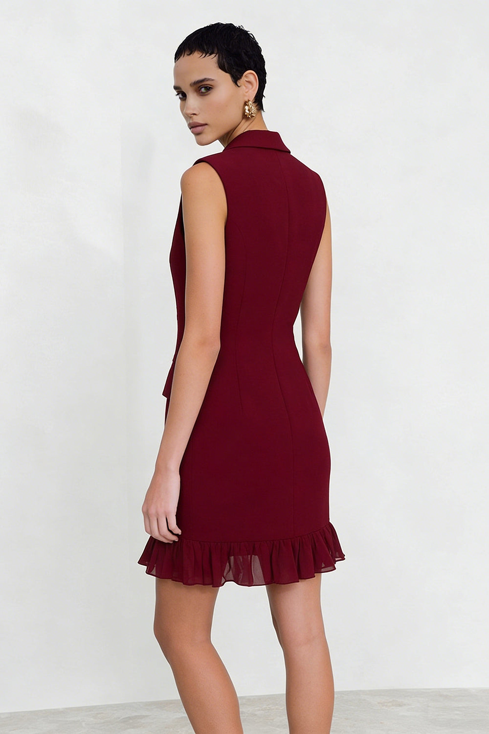 Burgundy Double Breasted Short Notched Lapel Blazer Dress with Ruffles