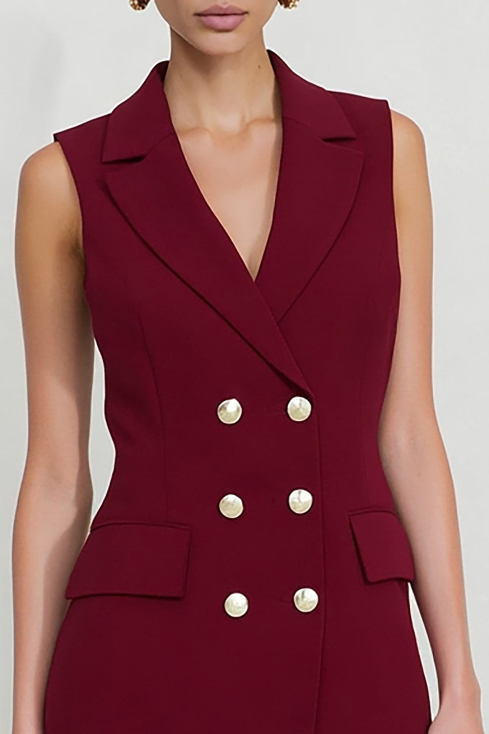 Burgundy Double Breasted Short Notched Lapel Blazer Dress with Ruffles