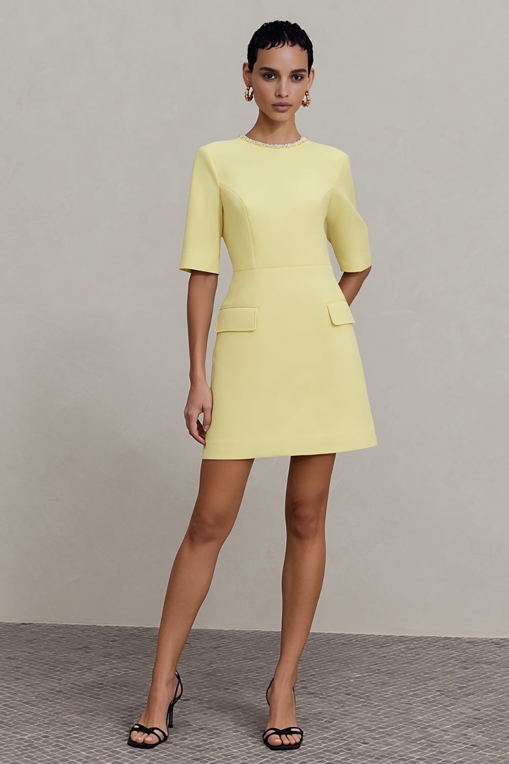 Light Yellow Short Crew Neck Work Dress with Sleeves