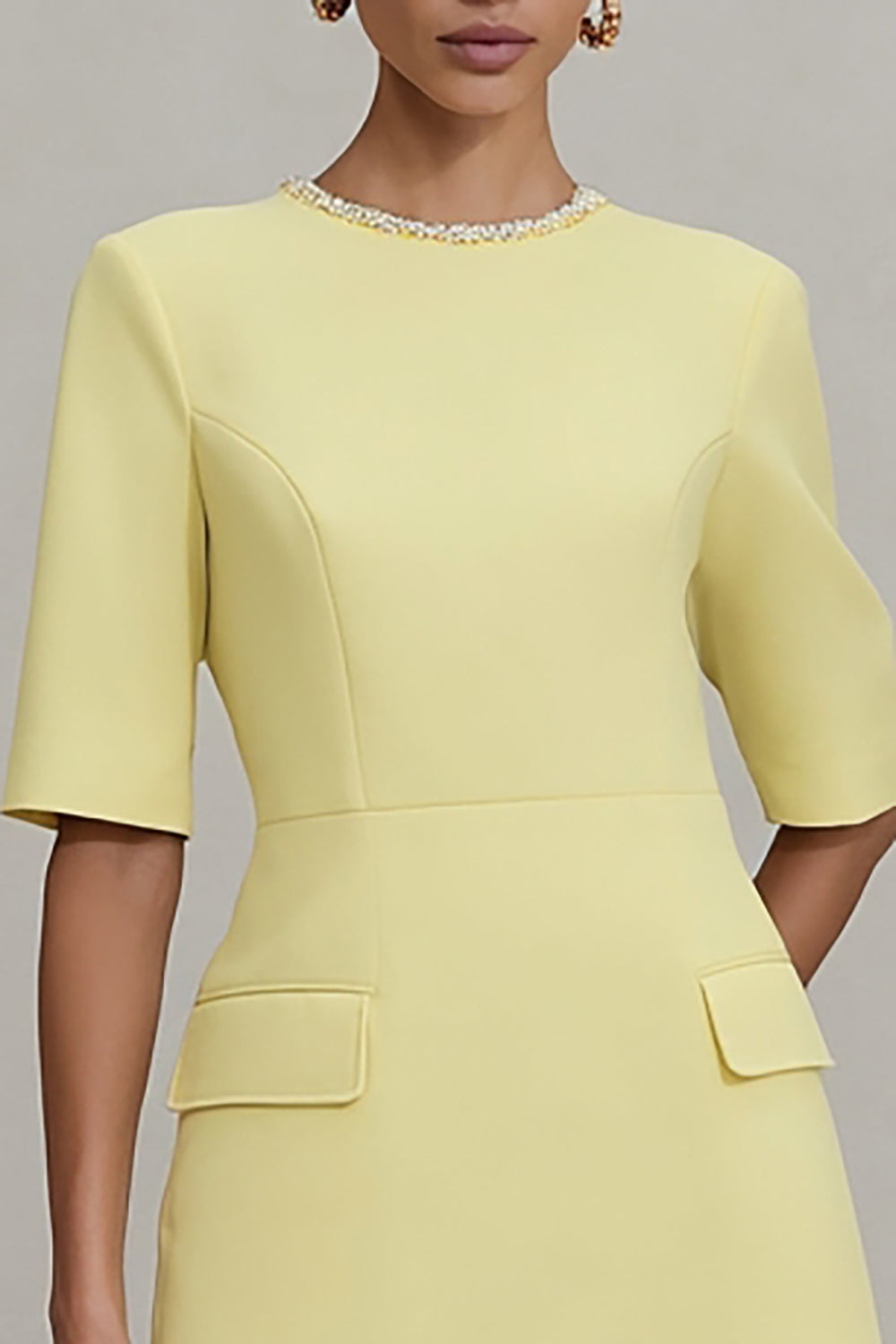 Light Yellow Short Crew Neck Work Dress with Sleeves