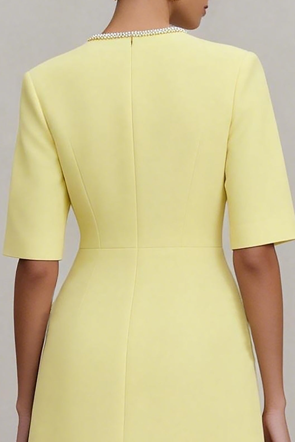 Light Yellow Short Crew Neck Work Dress with Sleeves